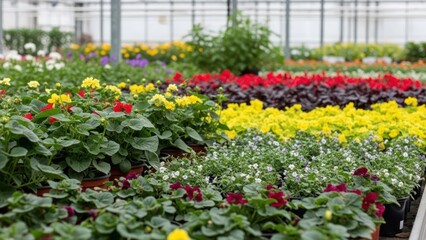 Rows of colorful potted plants thrive under greenhouse lighting