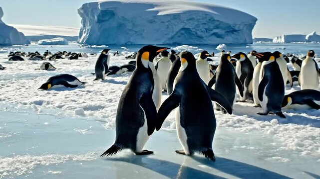 Two Emperor Penguins Calling and Communicating on Icy Antarctica
