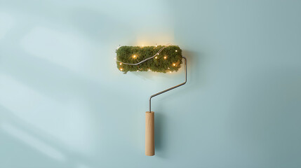 A minimalist studio photograph presents a paint roller as a decorative object, featuring a head of lush green pine branches adorned with warm white fairy lights that glow softly.