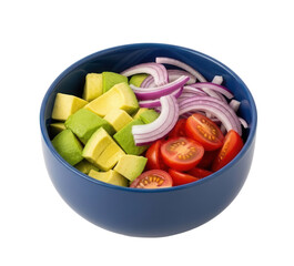 Freshly chopped salad ingredients including green avocado cubes, red cherry tomato halves, and sliced red onions in a matte blue bowl, isolated
