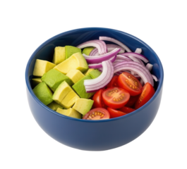 Freshly chopped salad ingredients including green avocado cubes, red cherry tomato halves, and sliced red onions in a matte blue bowl, isolated
