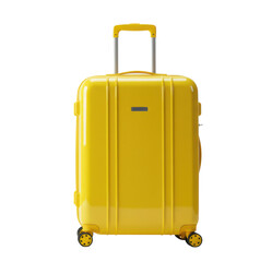 bright yellow hardshell travel suitcase with a retractable handle and four spinner wheels, isolated on a clean white background
