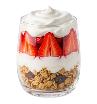 delicious breakfast parfait in a clear glass with layers of crunchy granola, creamy white yogurt, and fresh sliced strawberries, isolated on white.
