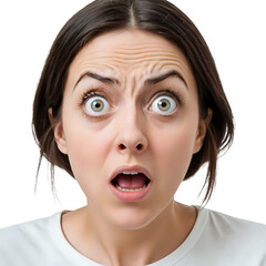 Woman with shocked expression and wide eyes solid on transparent background.