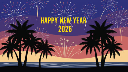 Happy new year 2026 fireworks celebration under palm trees