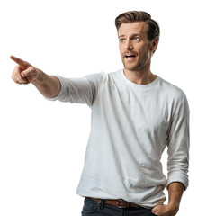 Man pointing with excited expression on black background solid on transparent background.