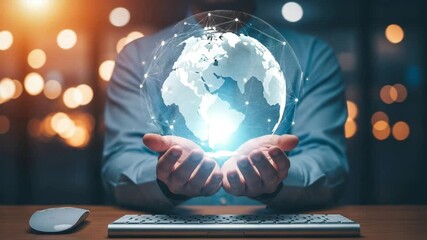 Businessman holds a glowing digital earth globe symbolizing global business and technology network technology motion animated video 4k. - Powered by Adobe