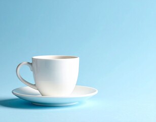 Obraz premium Minimalist White Ceramic Coffee Cup and Saucer on a Soft Light Blue Background
