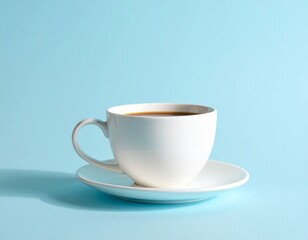 Fototapeta premium Minimalist White Cup of Black Coffee on Light Blue Background with Soft Shadow