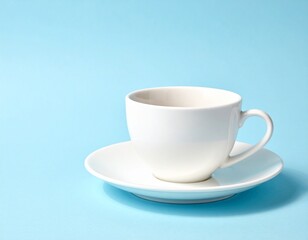 Fototapeta premium Minimalist White Ceramic Coffee Cup and Saucer Isolated on Light Blue Background