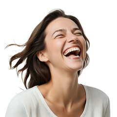 Joyful woman laughing with closed eyes and windy hair solid on transparent background.