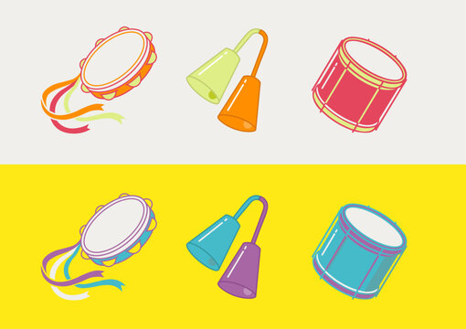 Musical Instruments Set - Pandeiro, Agog&ocirc; and Drum Vector Icons