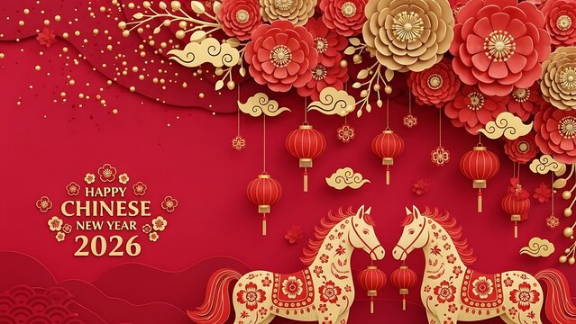 Chinese new year 2026 celebration background with horse and floral decorationsChinese new year 2026 celebration background with horse and floral decorations