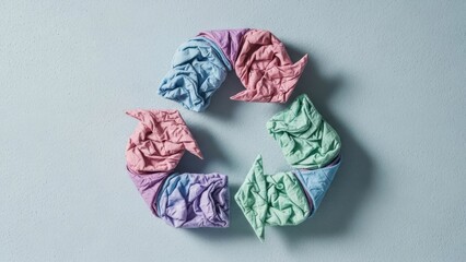 Soft, fabric-formed recycling symbol against a textured blue background