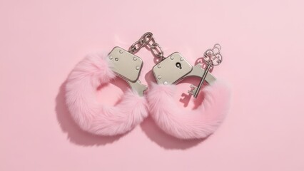 Soft pink fuzzy handcuffs with a silver key, resting on a pastel background