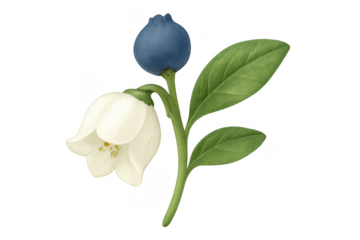 Single blueberry sprig with white flower and green leaves