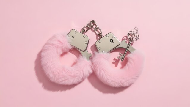 Soft pink fuzzy handcuffs with a silver key, resting on a pastel background