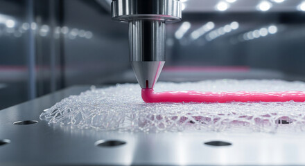 Robotic nozzle moving horizontally to deposit pink bio ink on scaffold in a lab setting