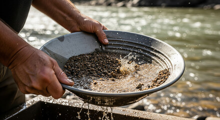 Hands rock and shake gold panning dish in water near river during sunny day in outdoor setting