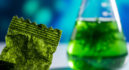 Small piece of seaweed plastic flex material displayed next to a green liquid in a glass container in a lab setting