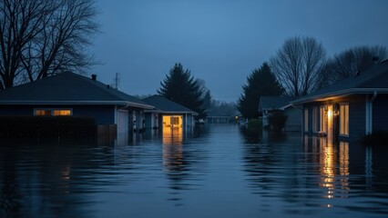Obraz premium Suburban street submerged in dark floodwaters, houses illuminated from within