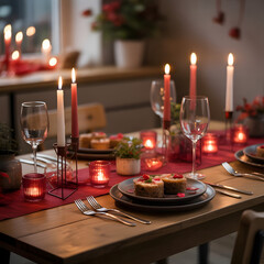 Cozy dinner setting with candles and wine