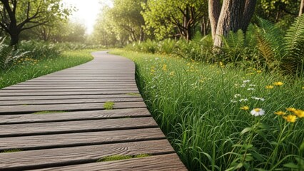 Sunlit wooden path winds through lush green forest with wildflowers