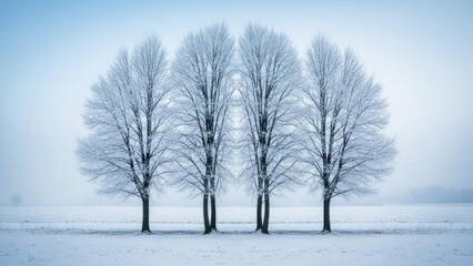 Fototapeta premium Symmetrical frost-covered trees stand in a misty winter field