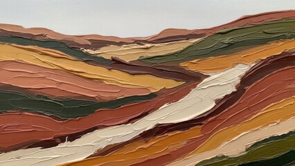 Textured, abstract landscape with earthy tones and rolling hills