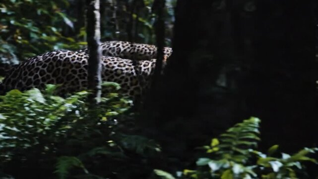 Two leopards stealthily moving through lush jungle environment