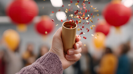 Festive celebration with confetti cannon burst at social event