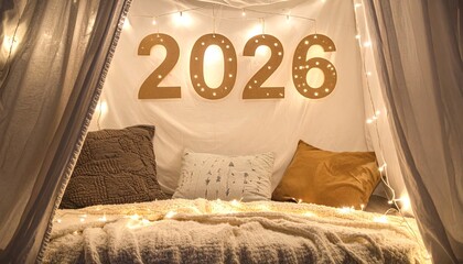 Cozy 2026 Blanket Fort with Fairy Lights on New Year Eve Night