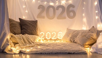 Cozy 2026 Blanket Fort with Fairy Lights on New Year Eve Night