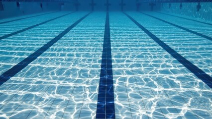 Underwater view of a swimming pool's tiled bottom with lanes and light reflections