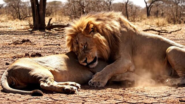 Two majestic lions with golden manes interacting peacefully