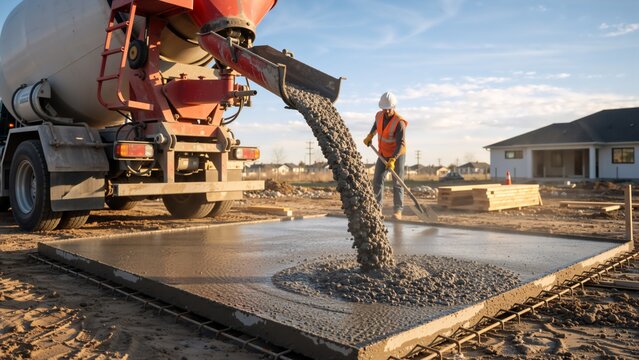 Concrete mixer truck pouring cement into a foundation at a construction site. Worker spreading wet concrete for a house floor slab