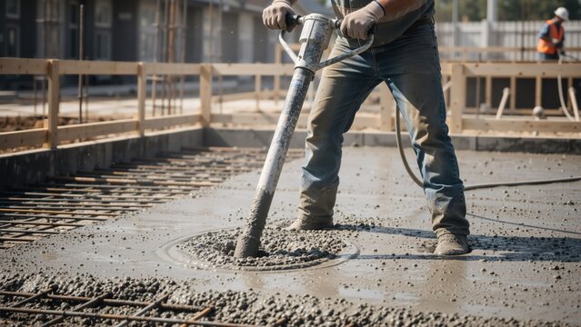 Construction worker operating a concrete vibrator. Builder consolidating wet cement for a house foundation
