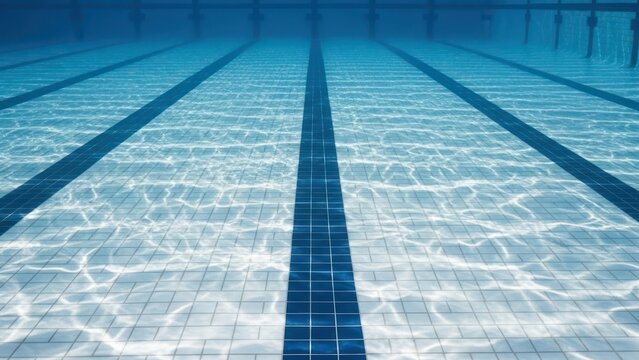 Underwater view of a vast swimming pool, sunlight dappling on tiled lanes