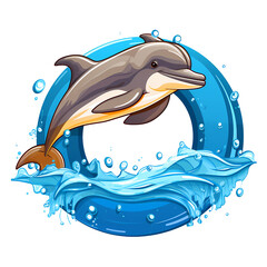 Playful dolphin jumping with lifebuoy rescue