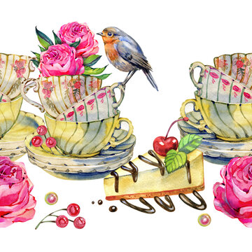 Hand painted watercolor seamless border in a summer cottagecore style featuring vintage teacups with blooming pink roses, small songbird, berries and dessert. Perfect for romantic designs, stationery