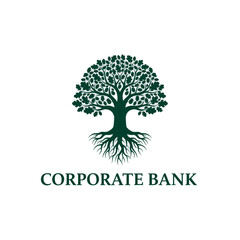 Obraz premium A dark green stylized tree logo with visible roots and a full canopy, above the text 