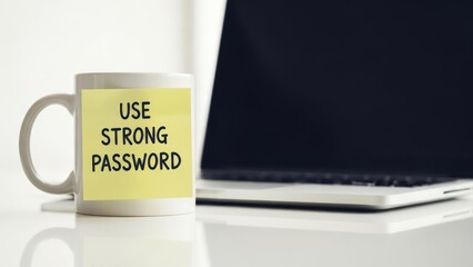 White mug with "USE STRONG PASSWORD" note beside a laptop
