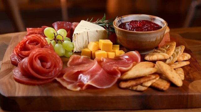 Charcuterie board with meats, cheese, grapes, and crackers on a wooden platter in a warm setting