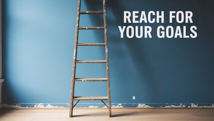 Wooden ladder leaning against blue wall, "Reach For Your Goals" text