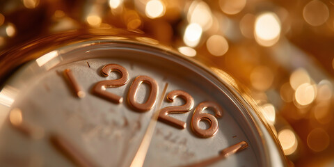Rose-gold watch face embossed with 2026 surrounded by shimmering golden lights.