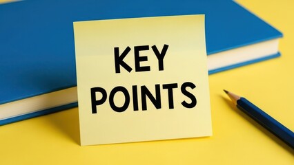 Yellow sticky note with "KEY POINTS" text on blue book, pencil