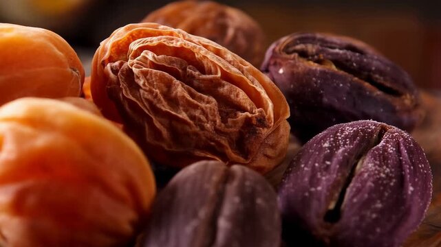Dried fruits are arranged on a wooden board showcasing different varieties and colors for a colorful display of snacks and treats