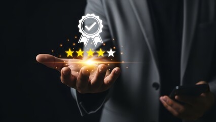 A businessman in a suit holds a digital award icon with a five-star rating above his hand
