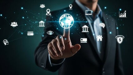 A businessman interacts with a digital interface displaying interconnected global technology icons in a modern office setting