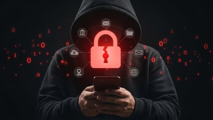 A hacker in a dark hoodie using a smartphone to access secured digital information